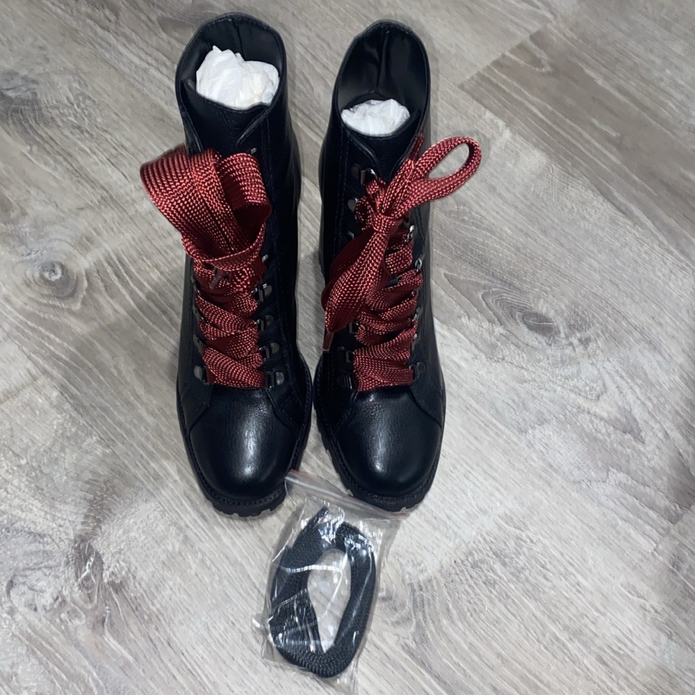 Schutz Black Booties women size 9 with burgundy & black shoelaces 4 inch heel  - Picture 5 of 10